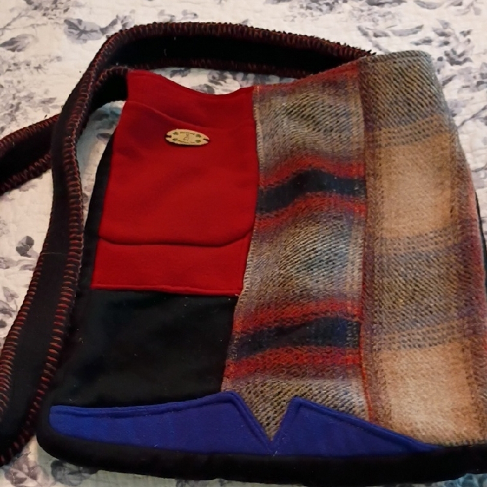 Reclaimed Wool Patchwork Crossbody Bag in Red, Blue, Black And Plaid
